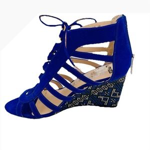 Revolution! Royal Blue Lace Up Wedge Gladiator Heels Suede Sandals‎ Size 8.5